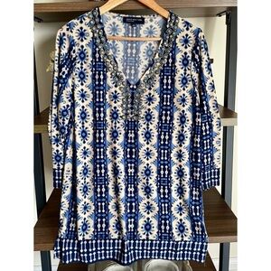 Jones New York Blue and White Beaded Patterned Tunic, Size L